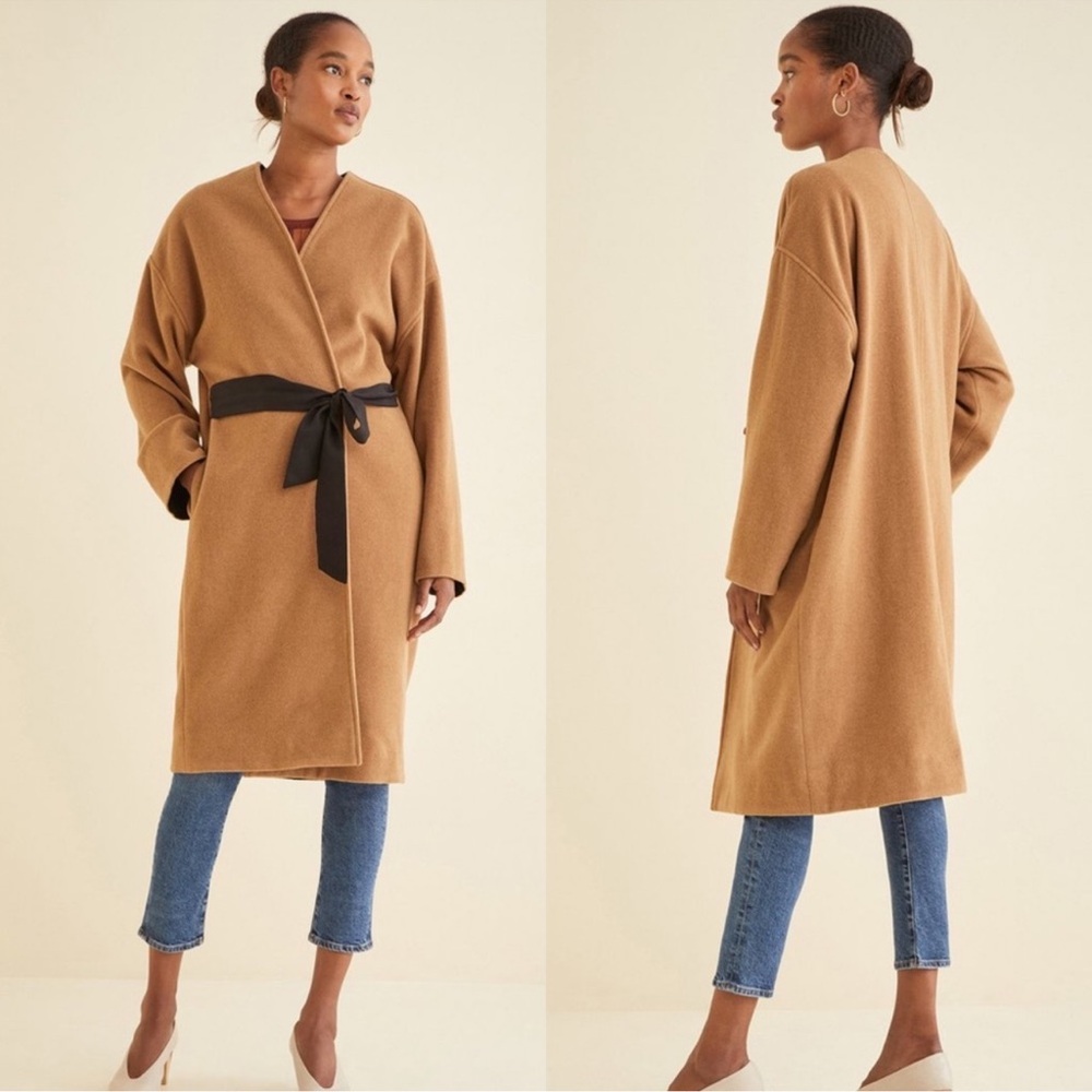 Amour Vert Irene Wool Blend Coat Long Sleeve Belted Camel Tan Small S